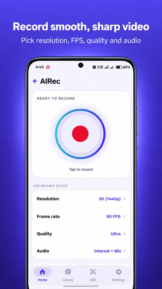AIRec home screen with the record button
